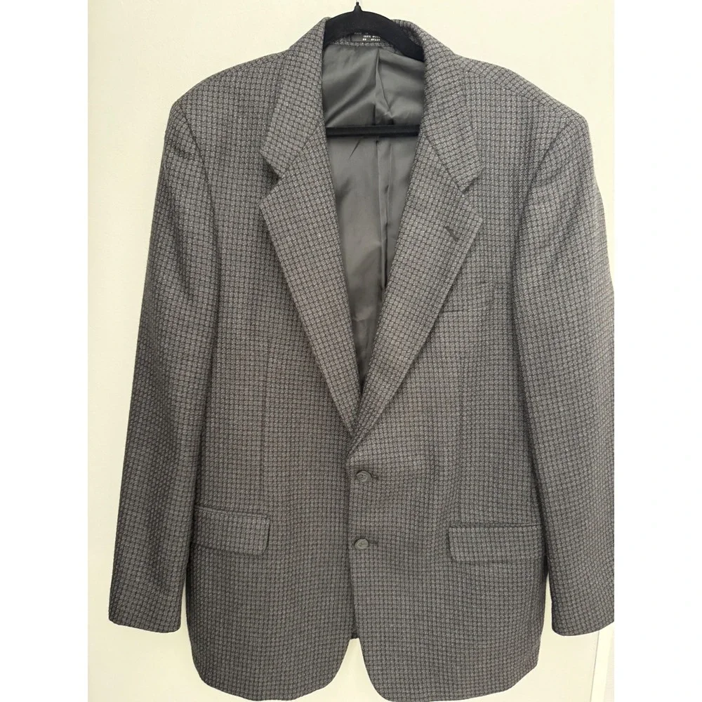 Albert Nipon Mens 42L Grey Wool Blazer Micro Check 2 Button Sport Coat Jacket